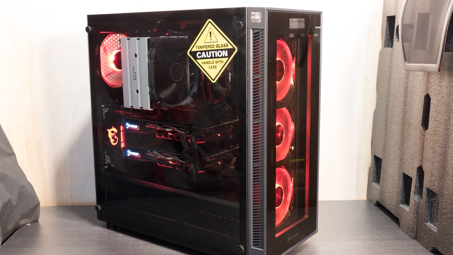 Red October assembled, red-lit, the tempered glass caution sticker still on